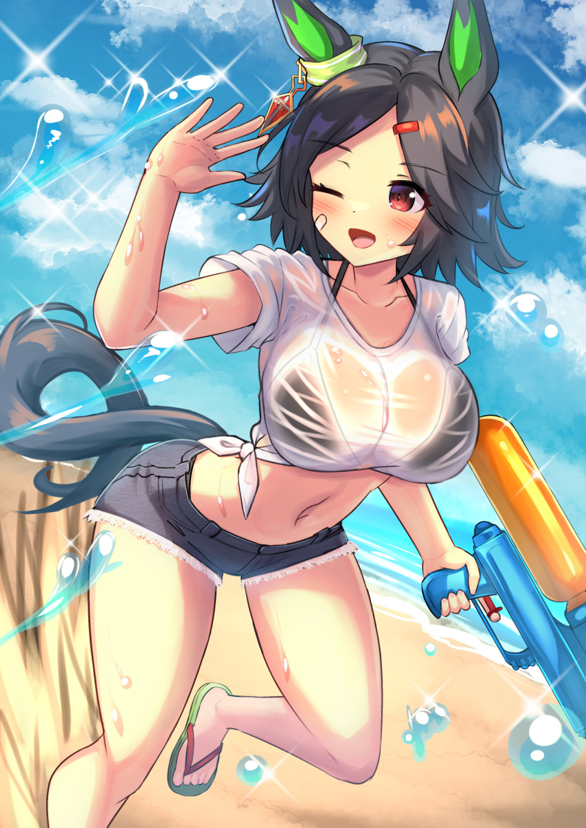 ;d animal_ears beach bikini bikini_under_clothes black_bikini black_shorts blue_sky blush breasts cloud commentary_request day female green_footwear highres holding holding_water_gun horse_ears horse_girl horse_tail looking_to_the_side midriff navel ocean one_eye_closed outdoors red_eyes sandals shirt short_hair shorts sky smile swimsuit tail tied_shirt toes umamusume water_gun white_shirt winning_ticket_(umamusume) yuutopia