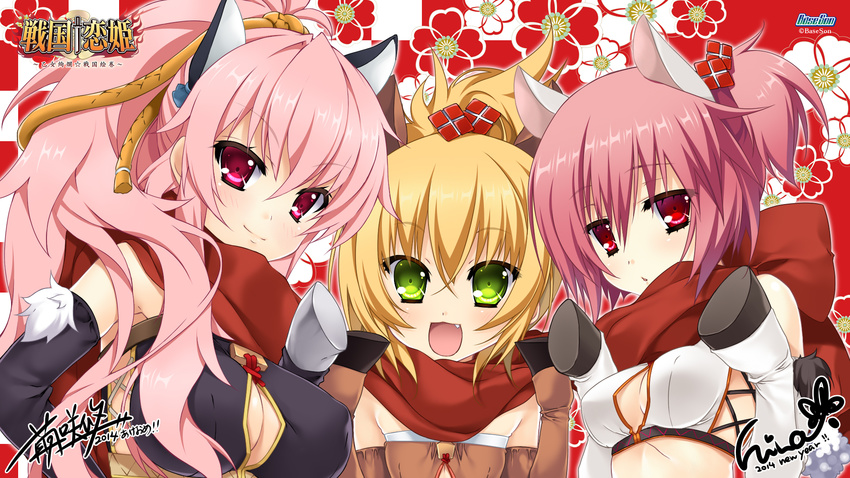 2014 3girls :d akeome animal_ears artist_name baba_minonokami_kasuga_nobufusa blonde_hair breasts chinese_new_year chinese_zodiac cleavage_cutout clothing_cutout covered_nipples gloves green_eyes happy_new_year highres hooves horse_ears horse_girl katagiri_hinata large_breasts mayusaki_yuu multiple_girls new_year oerba_yun_fang open_mouth pink_eyes pink_hair ponytail sengoku_koihime_~otome_kenran_sengoku_emaki~ siblings signature sisters smile takeda_hikari_harunobu takeda_tenkyuu_yuugiri_nobushige year_of_the_horse