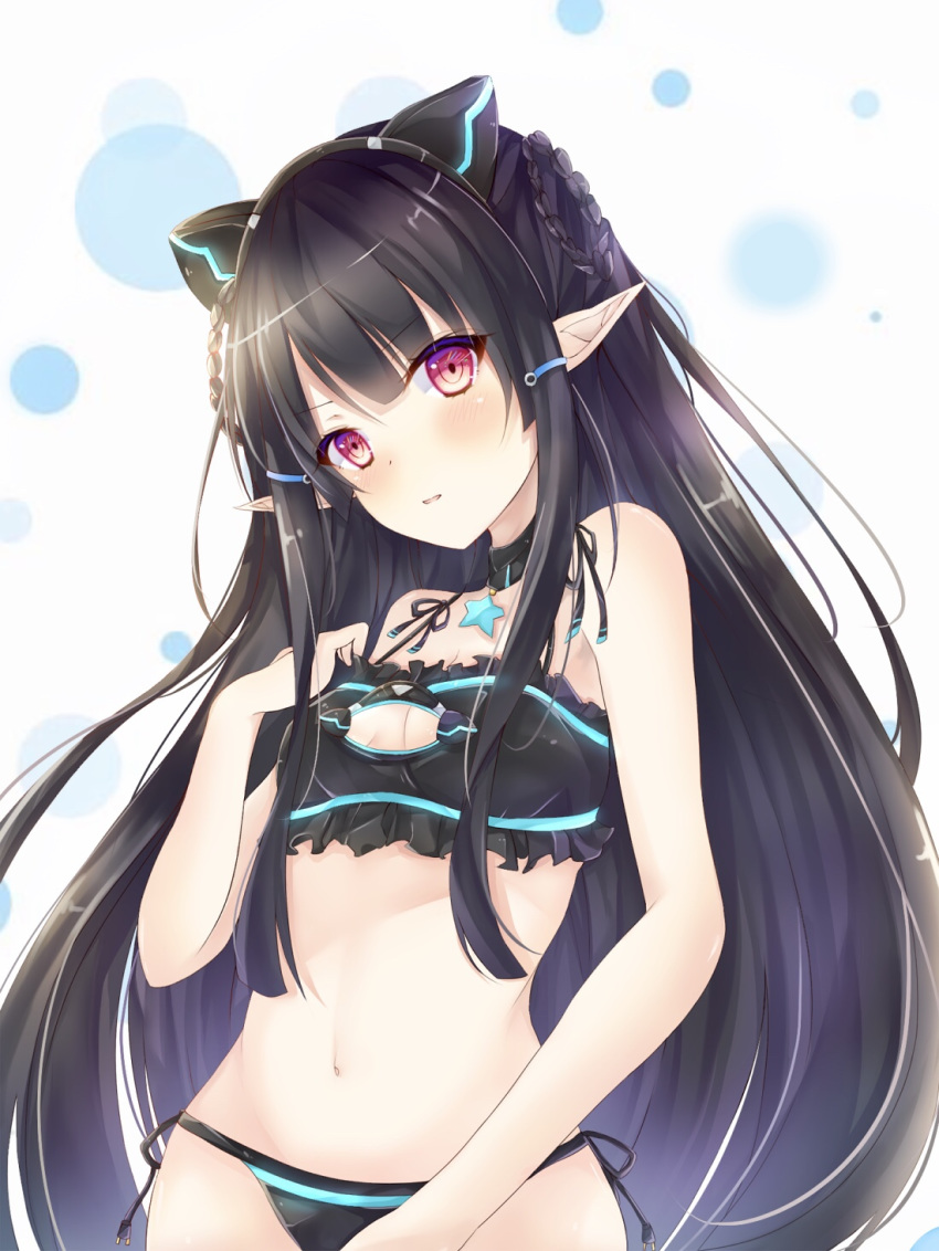 anette_(pso2) bad_id bad_pixiv_id black_bra black_hair black_panties bra breasts choker cleavage cleavage_cutout clothing_cutout female floating_hair frilled_bra frills hair_ornament head_tilt highres jewelry kiri_celea long_hair navel necklace panties parted_lips phantasy_star phantasy_star_online_2 pointy_ears red_eyes side-tie_panties small_breasts solo standing star_(symbol) star_necklace underwear underwear_only very_long_hair