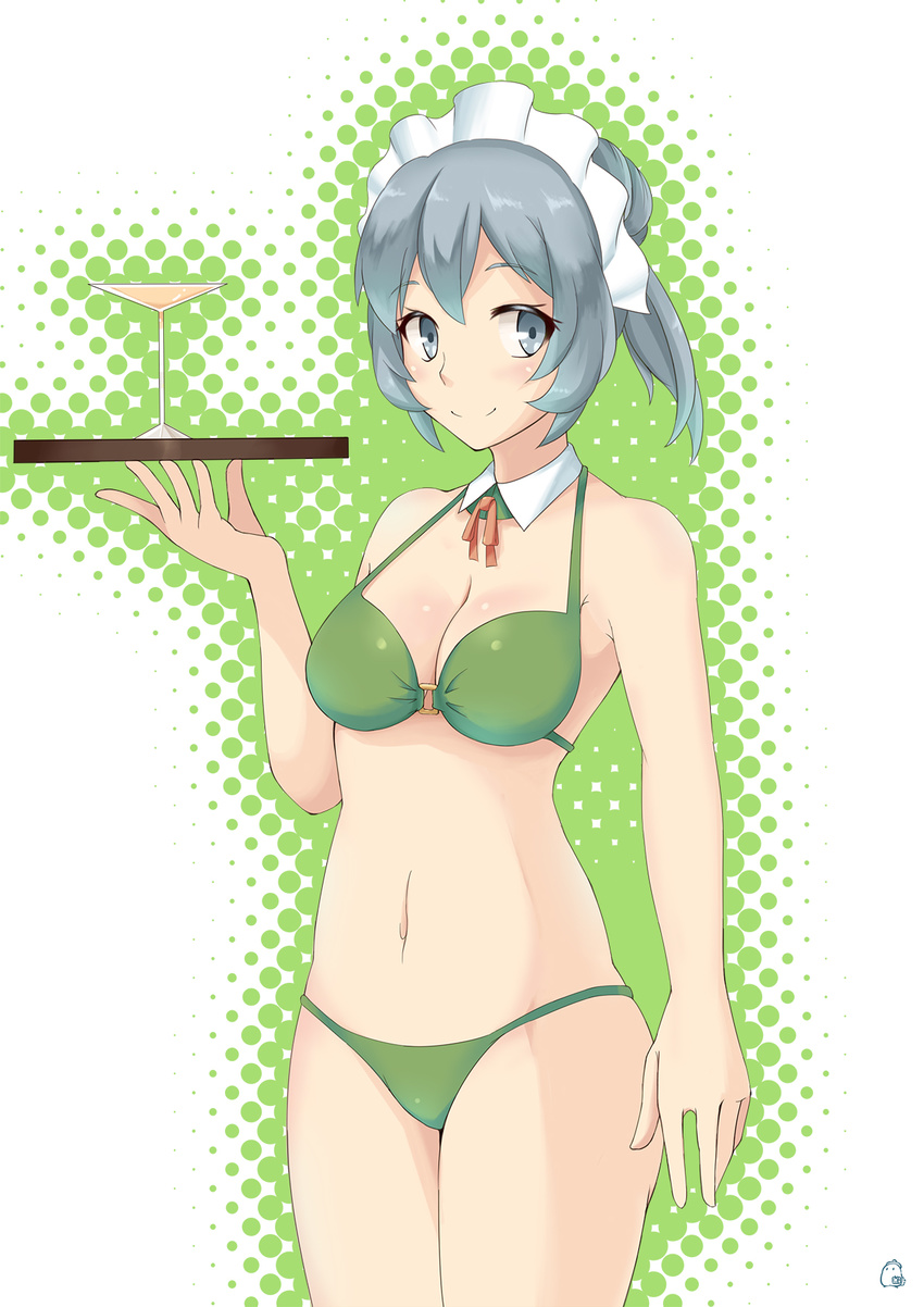 bikini cocktail_glass commentary cup drinking_glass dungeon_ni_deai_wo_motomeru_no_wa_machigatteiru_darou_ka female green_bikini grey_eyes grey_hair highres jian02051993 looking_at_viewer maid_headdress midriff navel photoshop_(medium) short_hair smile solo swimsuit syr_flover