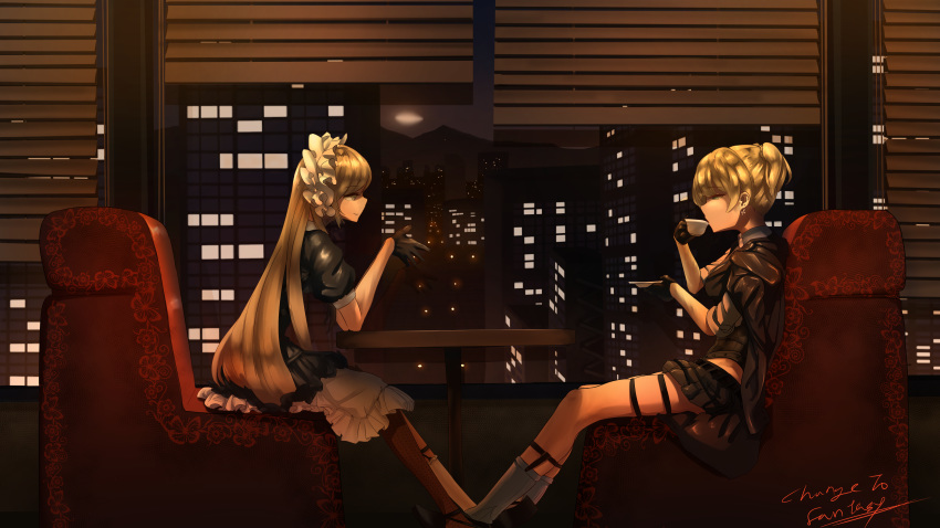 2girls absurdres asymmetrical_legwear bad_id bad_pixiv_id black_coat black_footwear black_gloves black_skirt blonde_hair braid breasts changetofantasy cityscape closed_mouth coat commentary corset cup dress drinking earrings frills girls'_frontline gloves green_eyes gun hair_ornament hairclip half-closed_eyes half_gloves highres holding holding_cup holding_saucer holster hoop_skirt indoors jacket jacket_on_shoulders jewelry loafers long_hair looking_at_another maid_headdress medium_breasts miniskirt mismatched_legwear multiple_girls necktie night own_hands_together ppk_(girls'_frontline) ribbon saucer shirt shoes short_hair sidelocks signature single_thighhigh sitting skindentation skirt smile socks table teacup thigh_holster thigh_strap thighhighs twintails weapon welrod_mkii_(girls'_frontline) white_legwear window window_blinds yellow_eyes