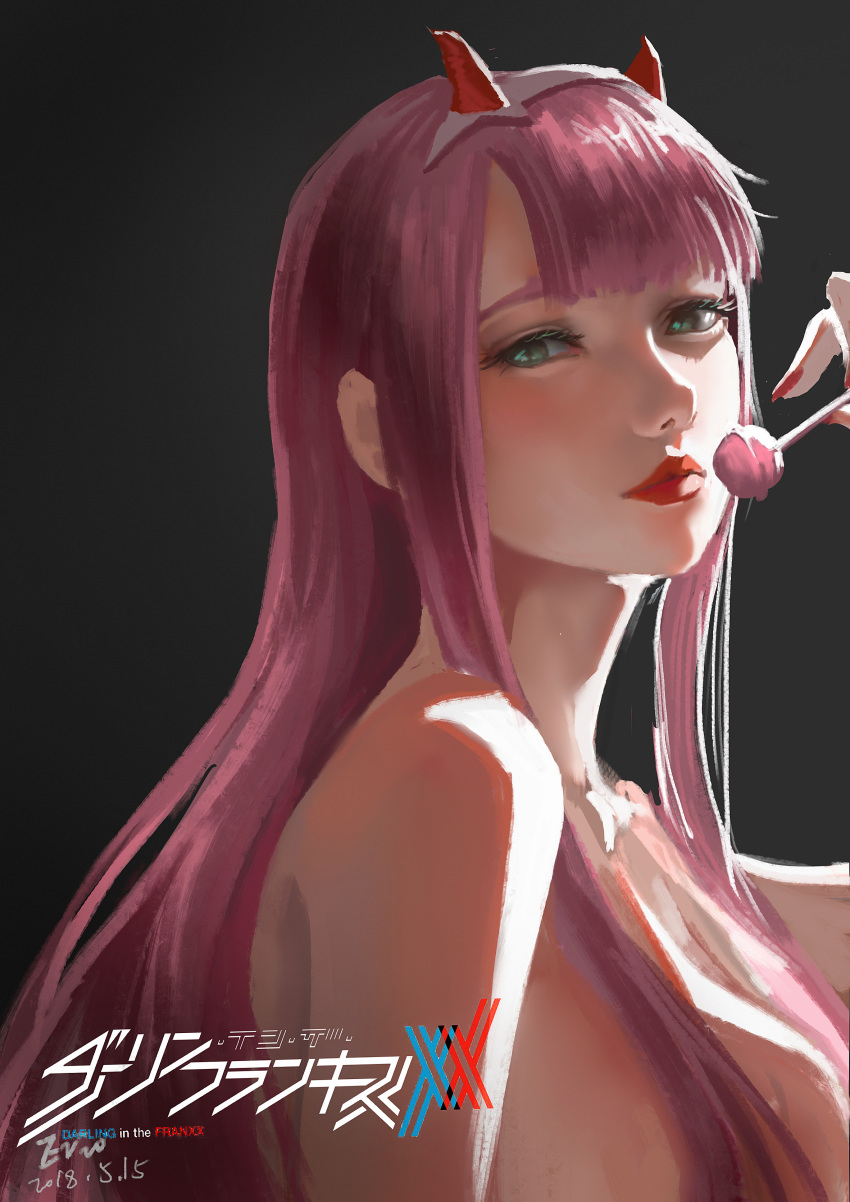 absurdres aqua_eyes candy commentary completely_nude darling_in_the_franxx erio female food hair_over_breasts hairband highres holding holding_food horns lollipop long_hair looking_at_viewer nude photoshop_(medium) pink_hair realistic red_horns red_lips solo white_hairband zero_two_(darling_in_the_franxx)