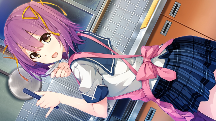 apron cooking dutch_angle female game_cg hair_ribbon holding indoors kitchen ladle looking_at_viewer looking_back official_art open_mouth pink_apron plaid plaid_skirt pleated_skirt purple_hair ribbon school_uniform short_hair short_sleeves skirt solo sorairo_innocent tsubaki_ami two_side_up unasaka_ryou yellow_eyes