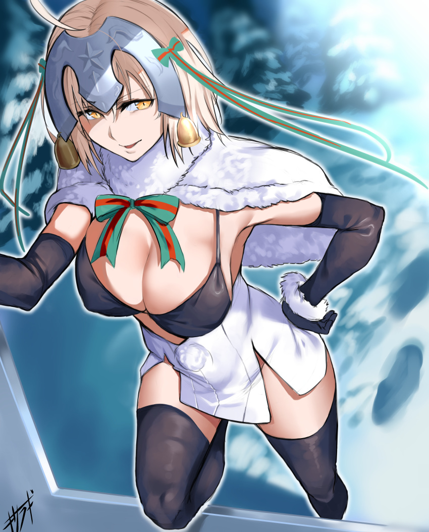 absurdres ahoge bell black_thighhighs blonde_hair bow breasts capelet cleavage commentary cosplay elbow_gloves fate/grand_order fate_(series) female fur-trimmed_gloves fur_capelet fur_trim gloves green_bow hand_on_own_hip headpiece highres huge_breasts jeanne_d'arc_alter_(avenger)_(fate) jeanne_d'arc_alter_(fate) jeanne_d'arc_alter_santa_lily_(fate) jeanne_d'arc_alter_santa_lily_(fate)_(cosplay) kisaragi_tsurugi looking_at_viewer red_bow short_hair skirt snow solo thighhighs two-tone_bow white_capelet white_skirt winter yellow_eyes