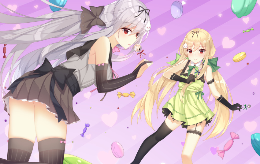 2girls absurdres asymmetrical_legwear bare_shoulders black_bow black_gloves black_ribbon black_thighhighs blonde_hair bow breasts brown_legwear brown_skirt candy chinese_commentary commentary_request diagonal_stripes dress elbow_gloves food gloves green_dress grey_hair grey_shirt hair_between_eyes hair_ornament hair_ribbon hairbow heart highres holding holding_candy holding_food holding_lollipop jyt lollipop long_hair macaron medium_breasts multiple_girls niliu_chahui original parted_lips pleated_skirt red_eyes ribbon shirt siblings single_thighhigh sisters skirt sleeveless sleeveless_dress sleeveless_shirt small_breasts smile striped_background striped_clothes striped_thighhighs thighhighs tokisaki_asaba_(niliu_chahui) tokisaki_mio_(niliu_chahui) uneven_legwear vertical-striped_clothes vertical-striped_thighhighs very_long_hair