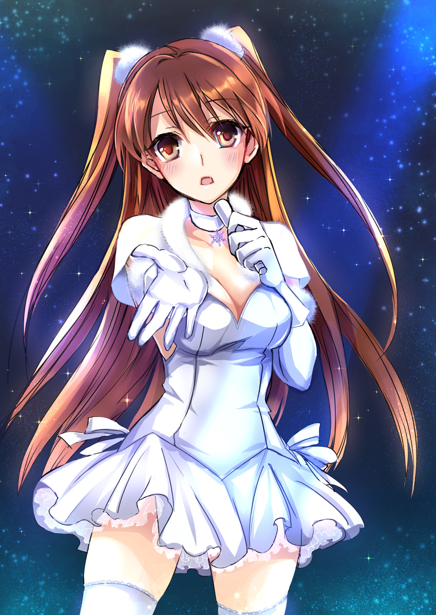 breasts brown_eyes brown_hair choker cleavage commentary_request dress female gloves highres long_hair medium_breasts microphone mintes ogiso_setsuna solo thighhighs two_side_up white_album_(series) white_album_2 white_dress white_gloves white_thighhighs