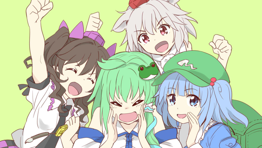 4girls animal_ears arm_up backpack bag bare_shoulders blue_eyes blue_hair bow brown_hair cellphone checkered_clothes checkered_skirt closed_eyes commentary_request detached_sleeves frog frog_hair_ornament green_hair grey_hair hair_bobbles hair_ornament hairbow hat himekaidou_hatate inubashiri_momiji kawashiro_nitori kochiya_sanae long_hair multiple_girls naegi_(naegidokoro) necktie open_mouth phone pointy_ears pom_pom_(clothes) red_eyes short_hair short_sleeves simple_background skirt snake snake_hair_ornament the_rolling_girls tokin_hat touhou twintails two_side_up white_hair wolf_ears