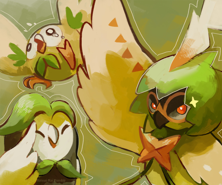 ^_^ animal_focus bad_id bad_tumblr_id bird closed_eyes commentary crying dartrix decidueye english_commentary evolution evolutionary_line flying green_theme looking_at_viewer no_humans orange_eyes owl pokemon pokemon_(creature) rinnai-rai rowlet sparkle tears tumblr_username