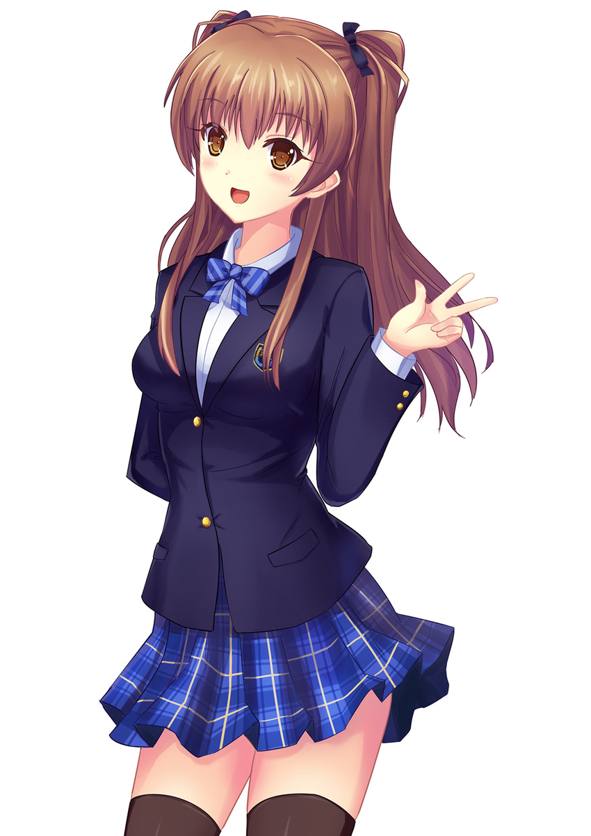 :d black_thighhighs blazer bow brown_eyes brown_hair commentary_request female highres jacket ldfe_mk2 long_hair ogiso_setsuna open_mouth photoshop_(medium) school_uniform skirt smile solo thighhighs two_side_up white_album_(series) white_album_2