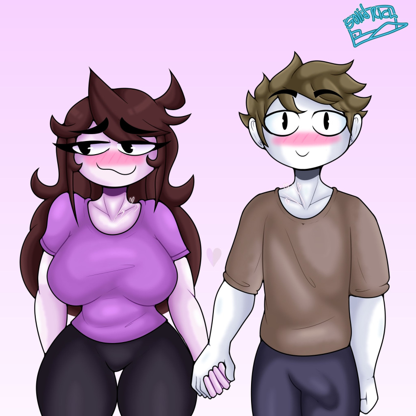 1boy anon blush breasts collaboration cute erection_under_clothes eyebrows_visible_through_hair female fully_clothed holding_hands jaiden jaiden_animations looking_at_another signature solidrich thick_thighs youtube