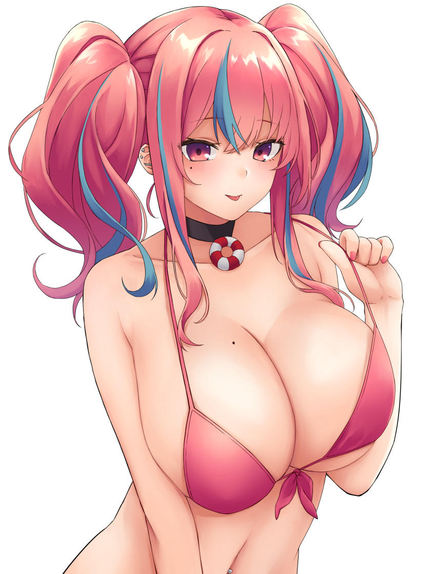 :p absurdres azur_lane bare_shoulders bikini bikini_tug black_choker blue_hair blush breasts bremerton_(azur_lane) choker cleavage collarbone commentary ear_piercing female front-tie_bikini_top front-tie_top hair_between_eyes hair_intakes hand_up highres large_breasts lifebuoy_ornament long_hair looking_at_viewer midriff mole mole_on_breast mole_under_eye multicolored_hair nameko_houshi navel navel_piercing piercing pink_bikini pink_eyes pink_hair pink_nails sidelocks simple_background smile solo streaked_hair swimsuit tongue tongue_out twintails two-tone_hair underboob upper_body white_background