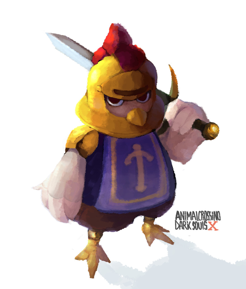 2018 animal_crossing anthro armor avian beak bird black_eyes bottomwear caribun chicken clothed clothing crossover dark_souls english_text feathers fromsoftware galliform gallus_(genus) grey_body grey_feathers headgear helmet hi_res knox_(animal_crossing) looking_at_viewer male melee_weapon multicolored_body multicolored_feathers nintendo pants phasianid portrait serious shirt simple_background solo standing sword text topwear weapon white_background white_body white_feathers yellow_beak