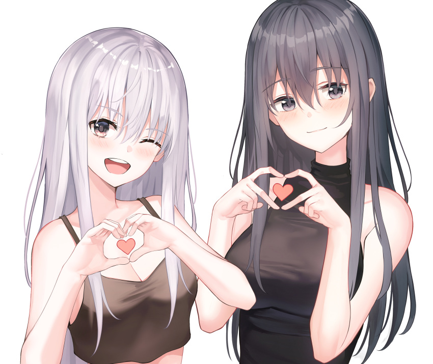 2girls ;d absurdres bad_id bad_pixiv_id bare_arms bare_shoulders black_shirt breasts camisole cleavage closed_mouth commentary crop_top haru_(muyang) heart heart_hands highres medium_breasts multiple_girls muyang one_eye_closed open_mouth original shirt sleeveless sleeveless_shirt smile symbol-only_commentary taut_clothes taut_shirt upper_body