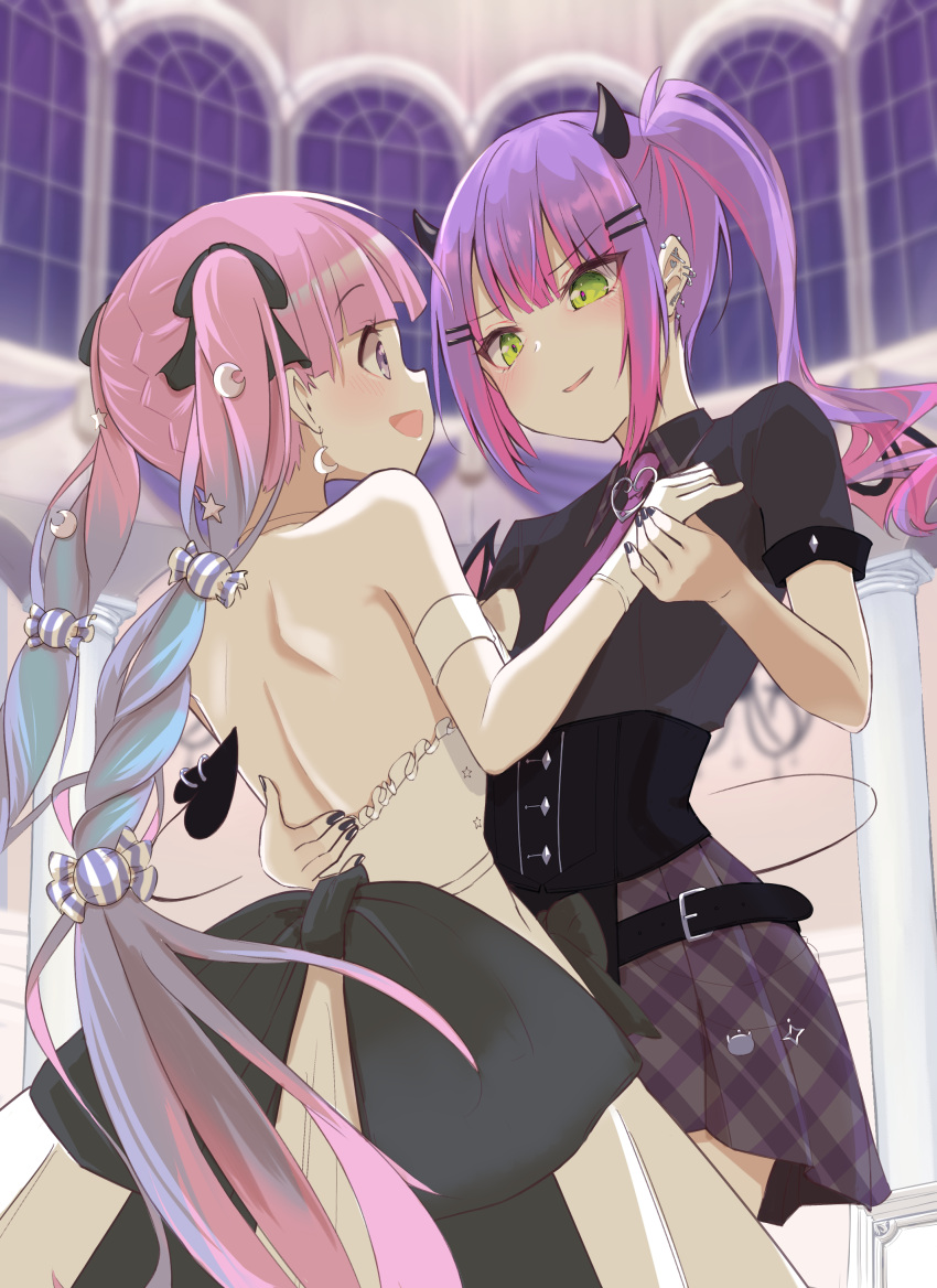 2girls absurdres backless_dress backless_outfit black_nails black_shirt blue_hair blush commentary crescent crescent_earrings dancing demon_horns dress e-wing_(ewingillustrate) earrings eye_contact gradient_hair green_eyes hand_on_another's_back highres himemori_luna himemori_luna_(4th_costume) hololive horns jewelry long_hair looking_at_another multicolored_hair multiple_girls official_alternate_costume open_mouth pink_hair plaid plaid_skirt purple_eyes purple_hair shirt short_sleeves skirt smile tail tokoyami_towa tokoyami_towa_(school_uniform) twintails two-tone_hair very_long_hair virtual_youtuber white_dress yuri