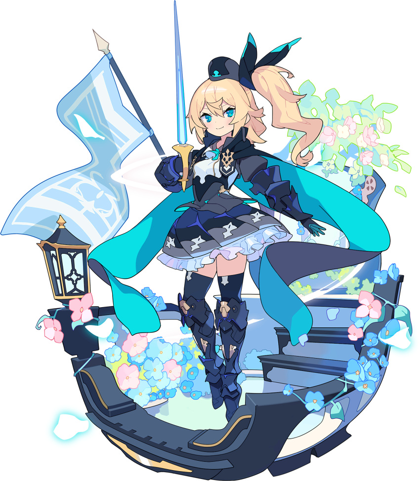 armored_boots artist_request ascot black_cape black_footwear black_gloves black_hat black_jacket black_ribbon black_skirt black_thighhighs blonde_hair blue_ascot blue_eyes blue_flower blush boots breasts cape celtie_(world_flipper) closed_mouth collared_jacket collared_shirt cropped_jacket female flag flower frilled_skirt frills full_body gauntlets gloves hair_ribbon hand_up happy hat highres holding holding_sword holding_weapon ivy jacket lantern light_blush long_hair looking_at_viewer miniskirt non-web_source official_art one_side_up outdoors petals pink_flower pleated_skirt puffy_sleeves ribbon shirt skirt small_breasts smile solo stairs sword thighhighs transparent_background two-sided_cape two-sided_fabric unworn_hat unworn_headwear weapon white_shirt world_flipper zettai_ryouiki