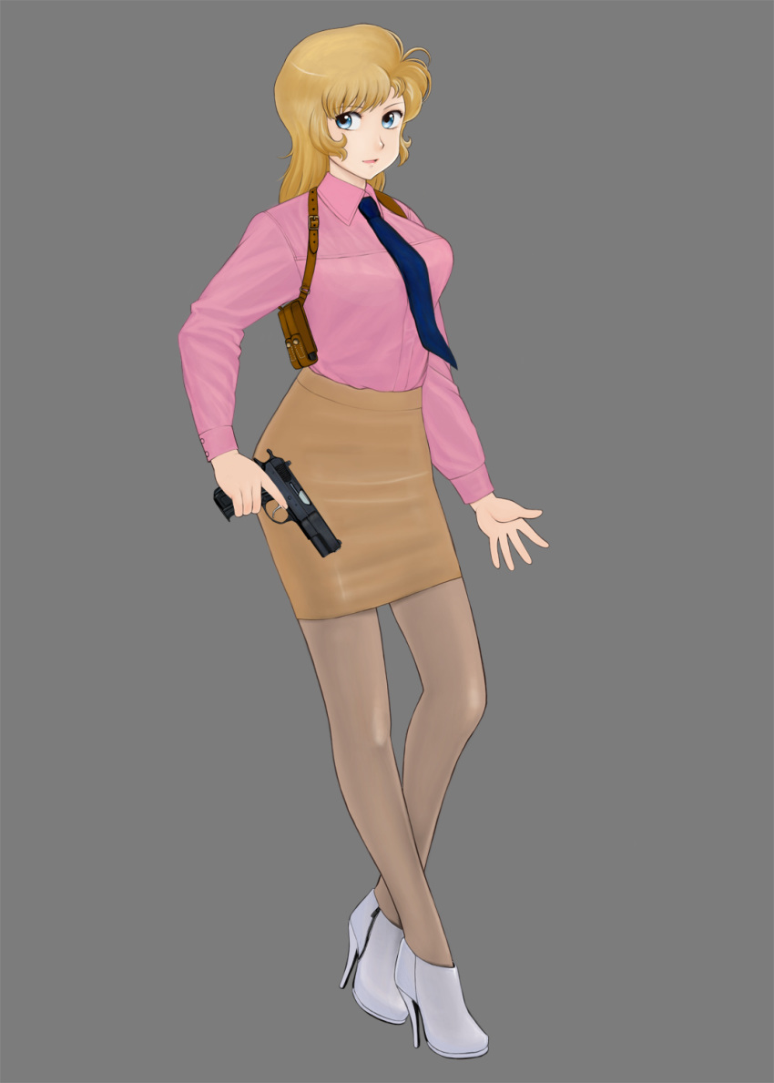 ankle_boots blue_eyes boots brown_hair brown_pantyhose commentary_request female full_body gun handgun high_heel_boots high_heels highres holster komii long_hair magazine_(weapon) necktie pantyhose pencil_skirt pink_shirt rally_vincent_(riding_bean) riding_bean shirt shoulder_holster simple_background skirt solo tinted_eyewear trigger_discipline weapon yellow-tinted_eyewear