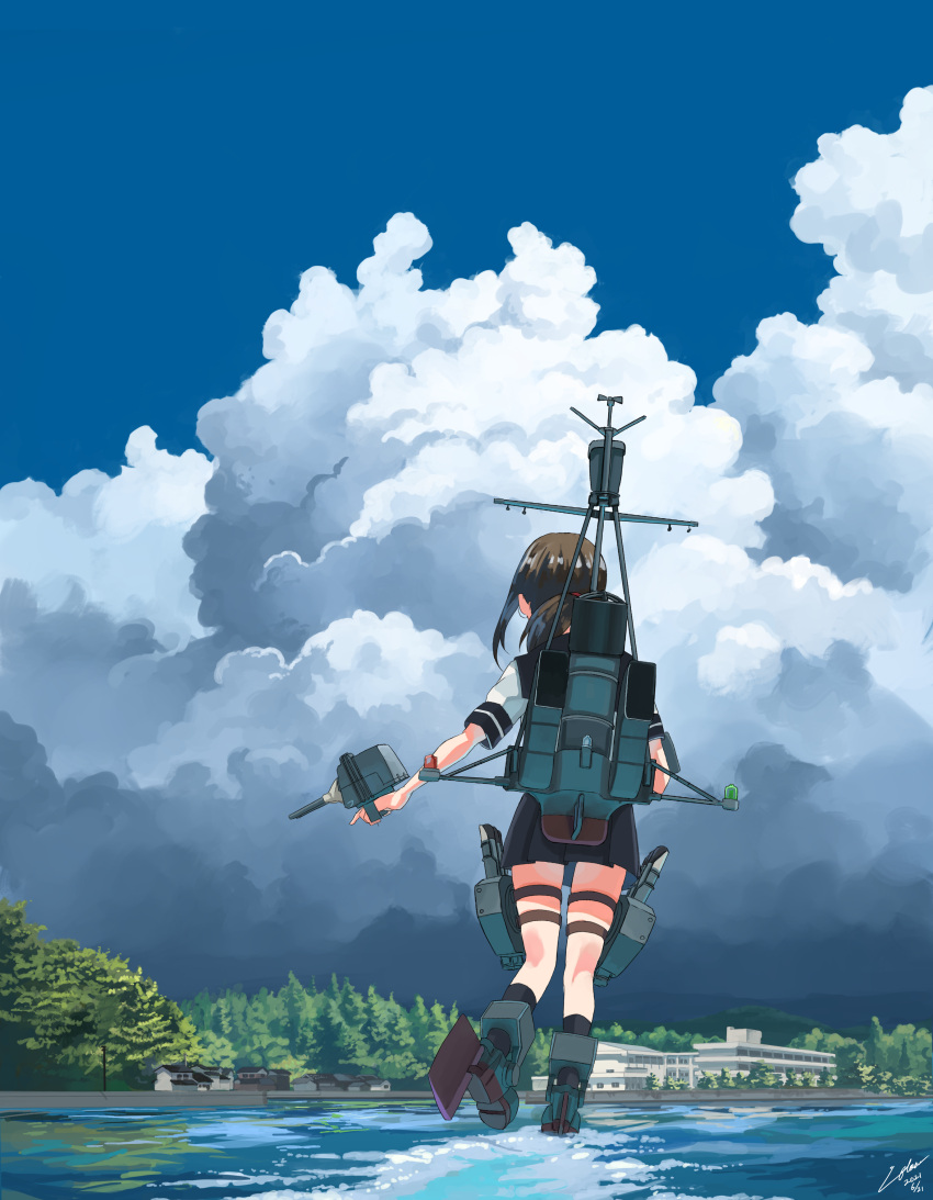 absurdres blue_sky brown_hair cannon cloud cloudy_sky day female from_behind fubuki_(kancolle) fubuki_kai_ni_(kancolle) highres kantai_collection kneehighs laminar_flow machinery ocean outdoors pleated_skirt rigging rudder_footwear scenery school_uniform serafuku skirt sky smokestack socks solo standing standing_on_liquid torpedo torpedo_launcher torpedo_tubes turret walking walking_on_liquid water