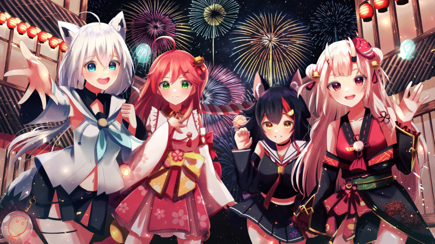 4girls ahoge animal_ear_fluff animal_ears bell black_hair black_shirt black_shorts blush braid commentary_request detached_sleeves double_bun earrings fireworks fox_ears fox_girl fox_tail green_eyes hair_bell hair_between_eyes hair_bun hair_ornament highres hololive hood hoodie horns japanese_clothes jewelry junineu kimono light_particles long_hair looking_at_viewer mask mask_on_head midriff multicolored_hair multiple_girls nakiri_ayame nakiri_ayame_(1st_costume) navel necktie night nontraditional_miko one_side_up oni_mask ookami_mio ookami_mio_(1st_costume) open_hand open_mouth outstretched_arm pink_hair red_hair red_kimono red_necktie sakura_miko sakura_miko_(1st_costume) shirakami_fubuki shirakami_fubuki_(1st_costume) shirt short_shorts shorts sidelocks single_braid skin-covered_horns smile streaked_hair tail thigh_strap virtual_youtuber white_hair white_hoodie wolf_ears wolf_girl