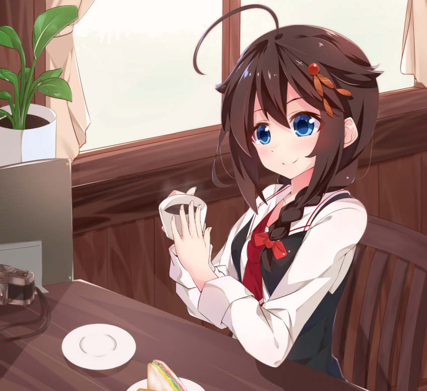 ahoge blue_eyes braid brown_hair camera coffee commentary cup disposable_coffee_cup disposable_cup female food hair_flaps hair_ornament hair_over_shoulder highres kantai_collection long_hair necktie sandwich shigure_(kancolle) shigure_kai_ni_(kancolle) single_braid smile solo window yoriha_yashiro