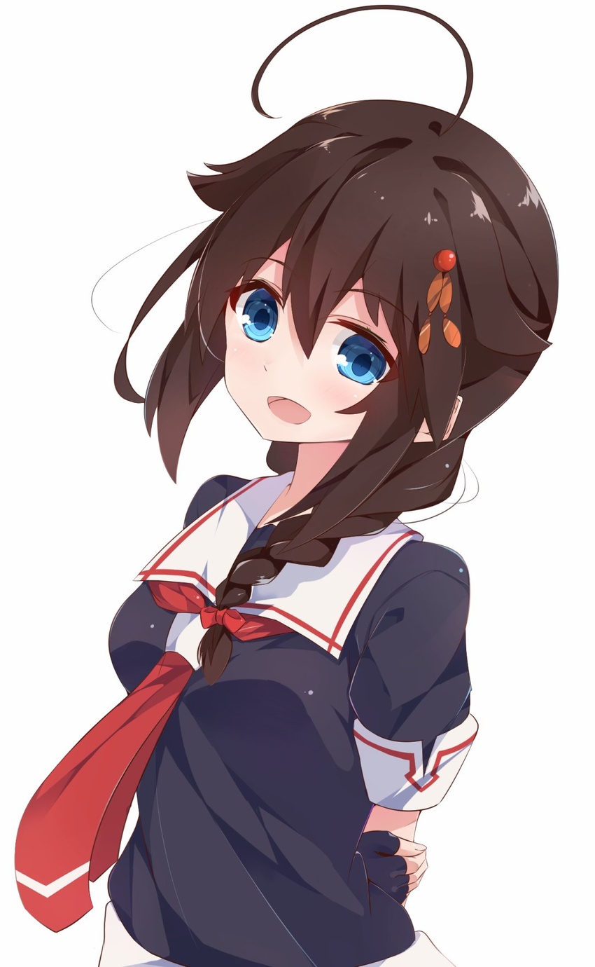 ahoge blue_eyes braid brown_hair female hair_flaps hair_ornament hair_over_shoulder highres kantai_collection long_hair looking_at_viewer necktie school_uniform serafuku shigure_(kancolle) shigure_kai_ni_(kancolle) simple_background single_braid smile solo white_background yoriha_yashiro