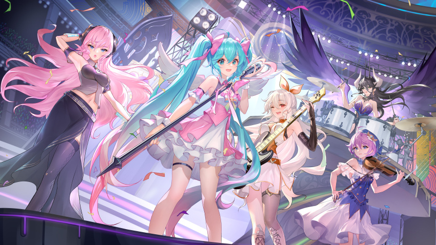 5girls :d :o ;d arm_strap armpits black_gloves black_hair black_skirt black_sleeves blue_eyes blue_hair blue_headwear blue_nails bow breasts bridal_gauntlets character_request cleavage crossover detached_collar detached_sleeves dress eileen's_legend floating_hair gloves grey_thighhighs hairbow hatsune_miku headphones highres holding holding_instrument holding_microphone holding_violin horns idol instrument large_breasts layered_dress long_hair long_skirt long_sleeves looking_at_viewer megurine_luka megurine_luka_(vocaloid4) microphone microphone_stand midriff multiple_girls music nail_polish navel off_shoulder one_eye_closed open_mouth orange_bow orange_eyes orry outstretched_arm pink_bow pink_hair playing_instrument purple_wings short_dress short_hair side_slit single_thighhigh skirt sleeveless sleeveless_dress smile stage standing stomach thigh_strap thighhighs twintails underbust v4x very_long_hair violin vocaloid white_dress white_hair white_skirt wings