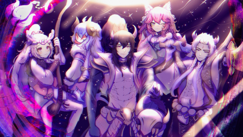 2boys 3girls :3 abs absurdres ahoge ahri_(league_of_legends) black_gloves black_hair blue_hair braid brown_horns centaur colored_skin cropped_jacket fingernails flower gloves grin hair_between_eyes hair_flower hair_ornament highres holding holding_staff horns jacket japanese_clothes kimono kindred_(league_of_legends) lamb_(league_of_legends) league_of_legends lillia_(league_of_legends) long_hair long_sleeves looking_at_viewer looking_back mask monster_girl multiple_boys multiple_girls official_alternate_costume one_eye_closed open_clothes open_jacket orange_flower park_ogre pink_hair pointy_ears ponytail purple_skin sharp_fingernails skull smile spirit_blossom_(league_of_legends) spirit_blossom_ahri spirit_blossom_kindred spirit_blossom_lillia spirit_blossom_thresh spirit_blossom_yone staff starry_background taur teeth thresh_(league_of_legends) twin_braids white_hair yone_(league_of_legends)