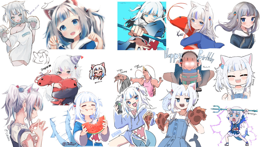 6+girls :3 =_= absurdres animal_ear_fluff animal_ears animal_hands artist_name blue_background blue_dress blue_eyes blue_hair blue_nails blush blush_stickers cat_ears cat_paws chroneco closed_eyes collaboration collage collarbone commentary cropped_legs cropped_torso cube_hair_ornament daiishori dokuro_deluxe dress dudul eating english_commentary extra_ears fins fish_tail food food_on_head fortnite fruit gawr_gura gloves glowing glowing_eyes grey_hair grey_sweater hair_ornament hands_up happy_birthday harutimu hat highres holding holding_food holding_pizza holding_stuffed_toy hololive hololive_english hugging_object hyde_(tabakko) kemonomimi_mode klaius kukie-nyan looking_at_viewer lyrinne magic maru_ccy medium_hair meme monster_energy multicolored_hair multiple_girls multiple_views naked_shirt object_on_head oimo_0imo open_mouth party_hat paw_gloves pink_dress pizza polearm ponytail purple_hair shark_hair_ornament shark_tail sharp_teeth shiina_rei shirt short_twintails shrimp sideways_glance steepled_fingers streaked_hair stuffed_toy suspenders sweater tail tail_wagging teeth tian_nya trident tsukino_(nakajimaseiki) twintails twitter_username virgin_vs_chad_(meme) virtual_youtuber watermelon weapon white_background white_footwear white_shirt