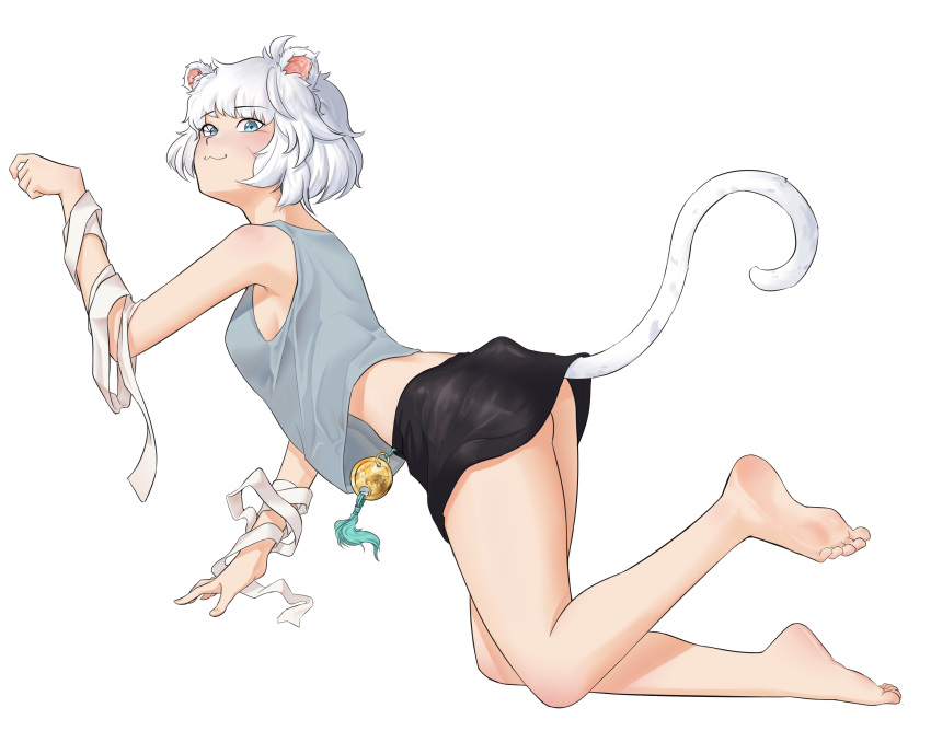 :3 absurdres animal_ears aqua_eyes bad_id bad_pixiv_id bandaged_arm bandages barefoot black_skirt blush breasts buyange closed_mouth commentary_request feet female from_side full_body grey_hair grey_tank_top hand_up highres hoyoung_(maplestory) korean_commentary legs looking_at_viewer maplestory medium_breasts medium_hair midriff miniskirt paw_pose sidelocks simple_background skirt soles solo tail tank_top thighs toes white_background white_tail