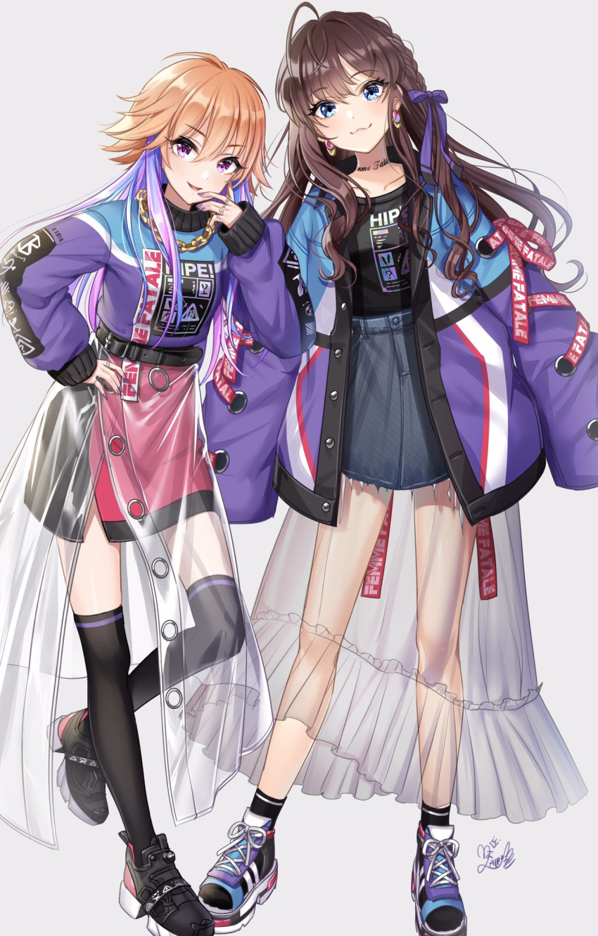 2girls :3 ahoge belt black_socks black_thighhighs blue_eyes bow brown_hair chain_necklace chains coat collarbone commentary denim denim_skirt dimension-3_(idolmaster) earrings grey_background hair_ribbon hairbow highres ichinose_shiki idolmaster idolmaster_cinderella_girls jewelry long_skirt mairo miniskirt multicolored_hair multiple_girls nail_polish necklace ninomiya_asuka orange_hair purple_eyes ribbon ring see-through skirt sleeves_past_fingers sleeves_past_wrists socks tattoo thighhighs two-tone_hair wavy_hair