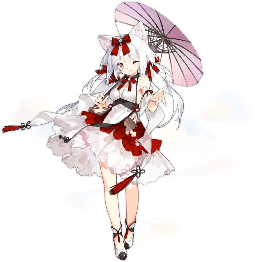 animal_ears azur_lane bow breasts cat_ears dress female hairbow high_heels highres long_hair official_alternate_costume official_art one_eye_closed red_bow saru shoes smile solo transparent_background umbrella white_hair white_umbrella yukikaze_(azur_lane) yukikaze_(winter's_snowy_wind)_(azur_lane)