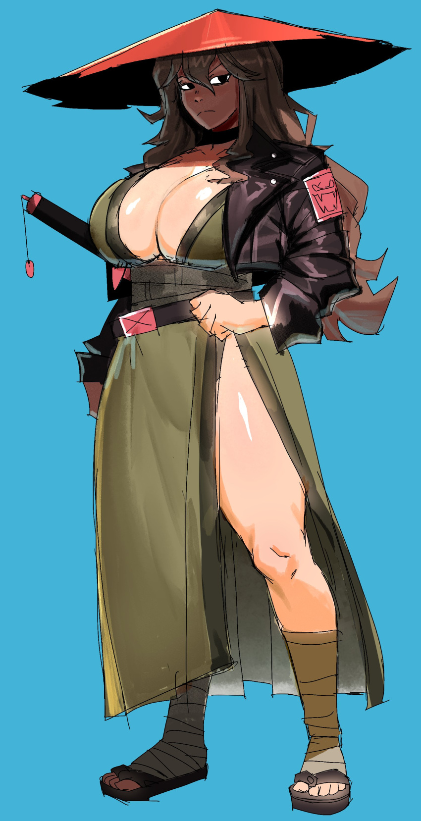 absurdres accessories bandaged_leg bandages belt black_choker black_eyes black_jacket blue_background breasts breasts_squeezed_together brown_hair choker clenched_hand collarbone determined eyes_in_shadow feet female frown full_body green_kimono hair_over_breasts hat hgoolahan highres jacket japanese_clothes jingasa katana kimono large_breasts leather leather_jacket long_hair original sandals side_slit sidelocks sword thick_thighs thighs weapon