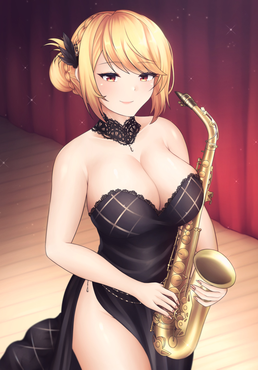 absurdres azur_lane bare_shoulders black_dress blonde_hair braid breasts choker cleavage cowboy_shot crown_braid dress english_commentary evening_gown feather_hair_ornament feathers female hair_ornament hair_up highres instrument large_breasts looking_at_viewer official_alternate_costume prince_of_wales_(a_knight's_song_a_lady's_night)_(azur_lane) prince_of_wales_(azur_lane) pumpkinpaii red_eyes saxophone side_slit smile solo strapless strapless_dress