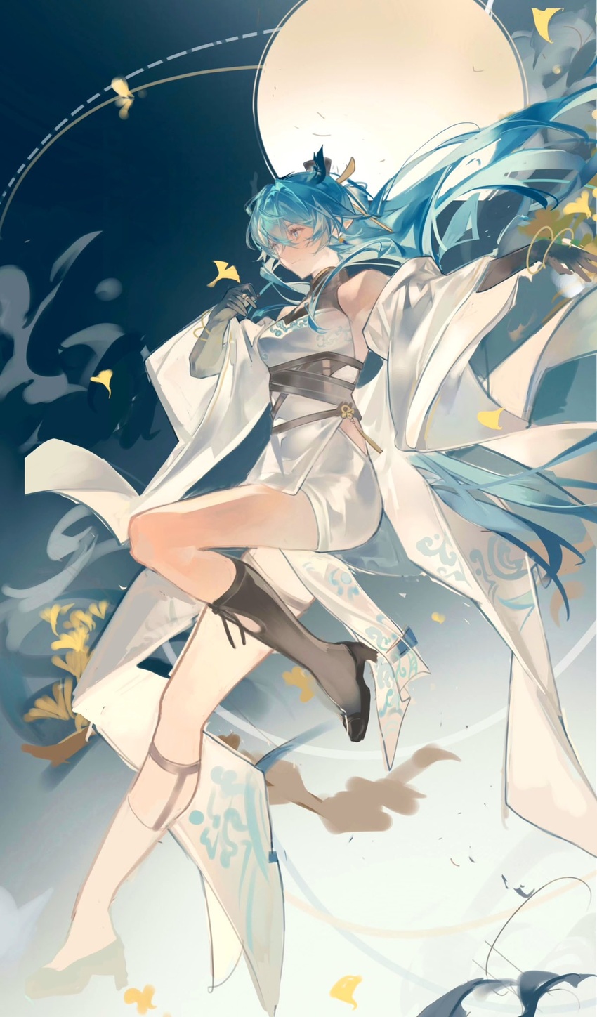 arknights bare_shoulders blue_eyes blue_hair china_dress chinese_clothes chinese_hairpin detached_sleeves dress female hair_between_eyes highres knees_up lin_qing_(phosphorus_1104) ling_(arknights) long_hair moon solo very_long_hair wide_sleeves