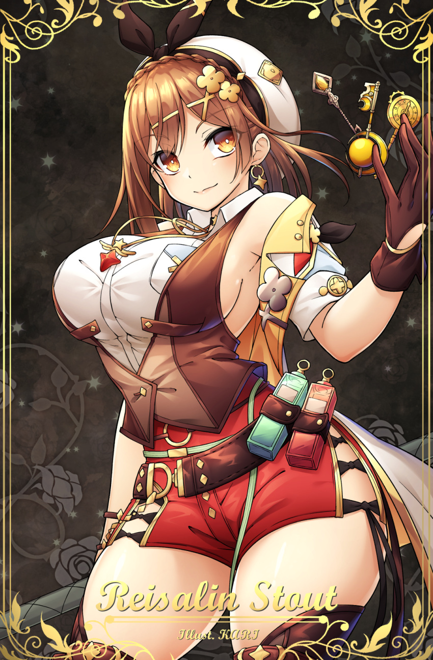 artist_name atelier_(series) atelier_ryza atelier_ryza_3 belt beret braid breast_pocket breasts brown_belt brown_eyes brown_gloves brown_hair brown_thighhighs brown_vest character_name choker clover_hair_ornament collared_shirt crown_braid dangle_earrings earrings female gloves hair_ornament hat highres jewelry karikun77 large_breasts leather leather_gloves multiple_bracelets multiple_necklaces necklace pocket red_shorts reisalin_stout shirt short_hair short_shorts shorts single_earring single_glove sleeveless sleeveless_shirt smile solo star_(symbol) star_choker star_earrings star_necklace thighhighs thighs vest white_hat x_hair_ornament