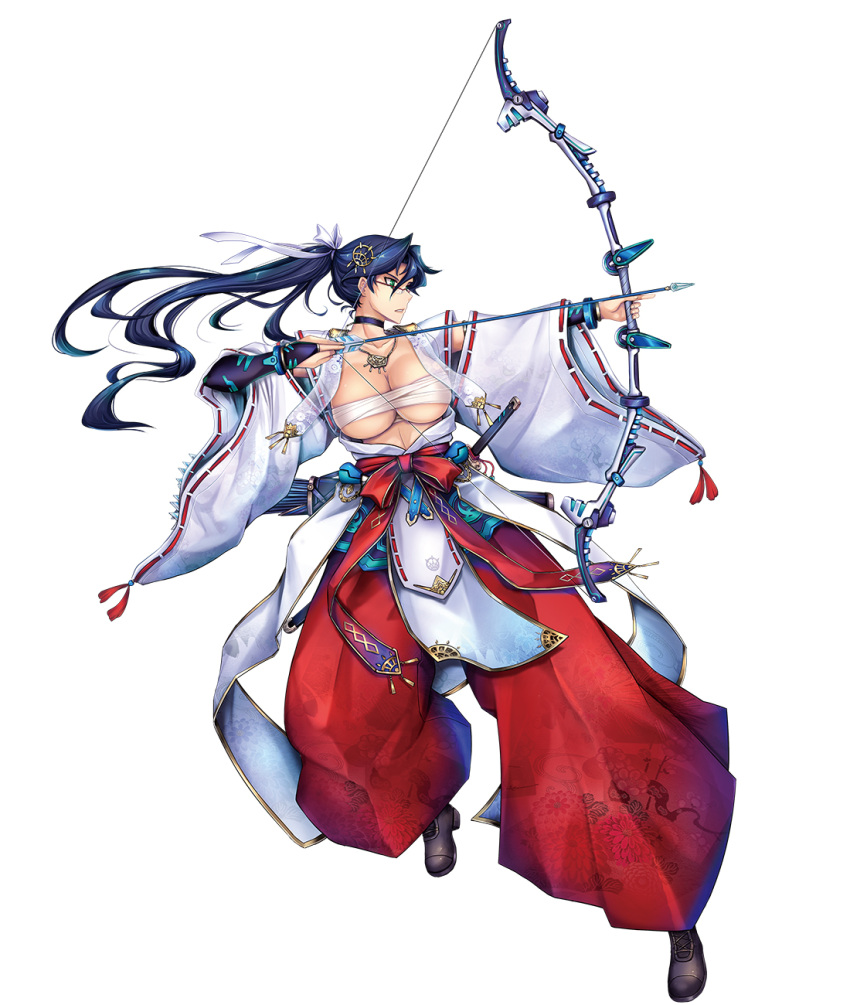 archery arrow_(projectile) black_choker black_footwear blue_eyes blue_hair boots bow_(weapon) budget_sarashi choker female glasses gloves hair_ribbon hakama hasuma_reiko highres japanese_clothes jewelry kariginu looking_to_the_side necklace official_art open_clothes partially_fingerless_gloves ponytail red_hakama ribbon sarashi simple_background solo sword taimanin_(series) taimanin_rpgx tana_(garyuh-chitai) weapon white_background white_ribbon yugake