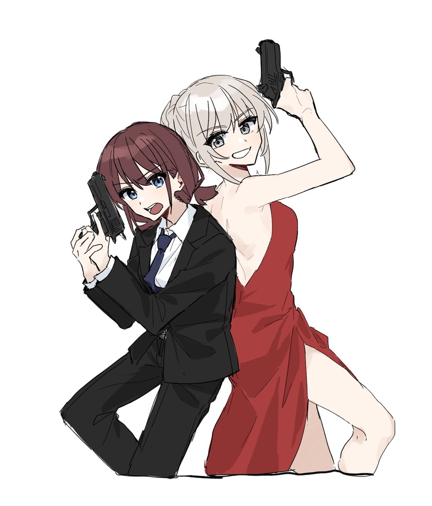 2girls backless_dress backless_outfit bare_arms black_jacket black_pants black_suit blue_eyes blue_necktie brown_hair collared_shirt danji_bang dress feet_out_of_frame girls_band_cry grey_eyes grin gun handgun highres holding holding_gun holding_weapon iseri_nina jacket kawaragi_momoka light_brown_hair long_hair multiple_girls necktie open_mouth pants red_dress shirt short_hair side_slit simple_background smile suit suit_jacket weapon white_background white_shirt