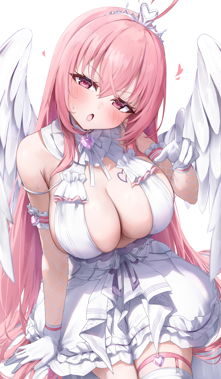 absurdres aogiri_koukou blush breasts cleavage dress female fishnet_sleeves fishnets gabu_rielu gloves hair_between_eyes highres large_breasts looking_at_viewer morros open_mouth pink_eyes pink_hair simple_background sitting solo thighhighs tiara virtual_youtuber white_background white_dress white_gloves white_thighhighs white_wings wings