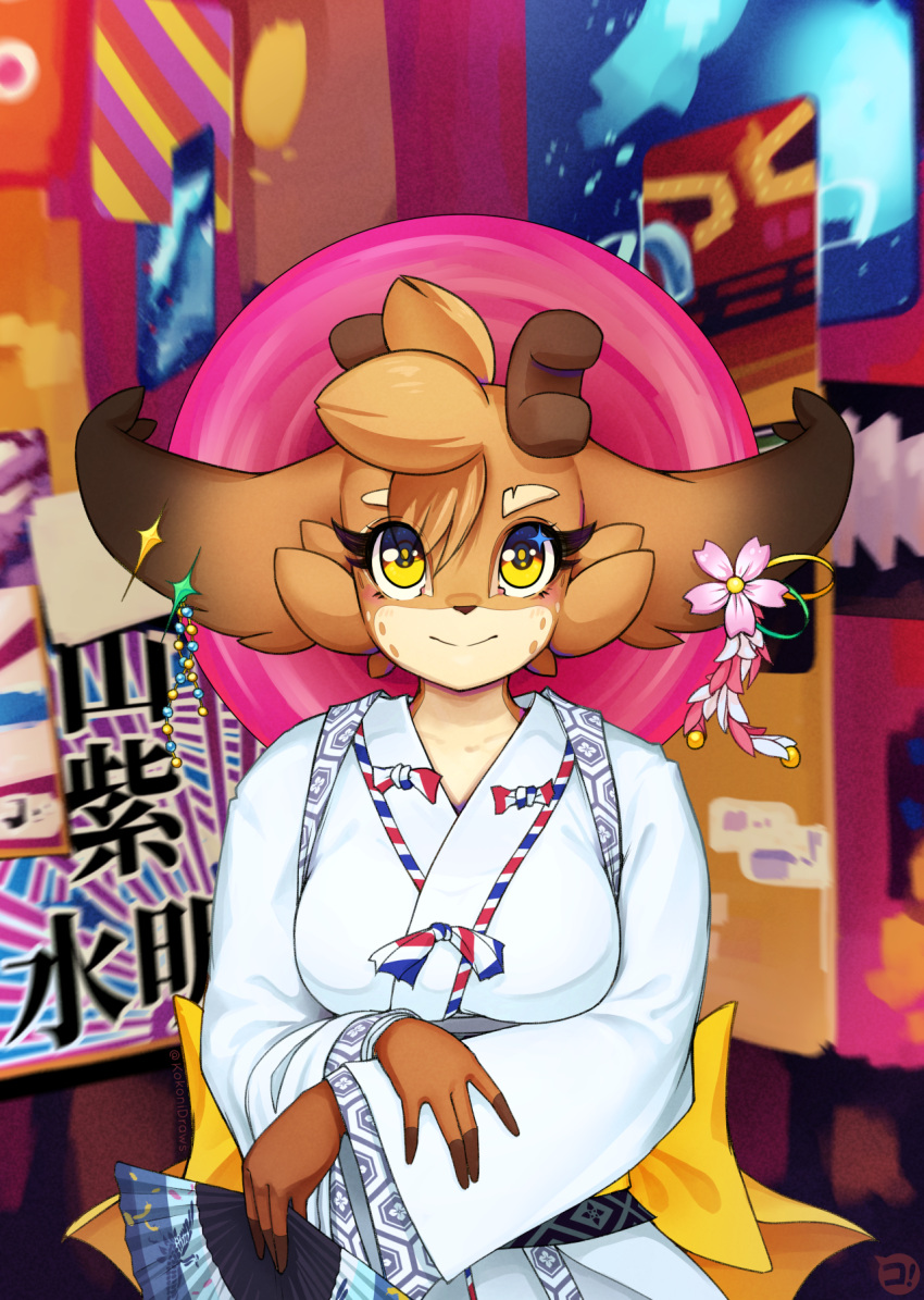 anthro antlers asian_clothing biped bjork bow_ribbon brown_body brown_fur cherry_blossom clothing deer east_asian_clothing female flower fur hand_fan hi_res horn japanese_clothing japanese_text kimono kokoni kokoni_(character) mammal plant prunus_(flower) ribbons smile text