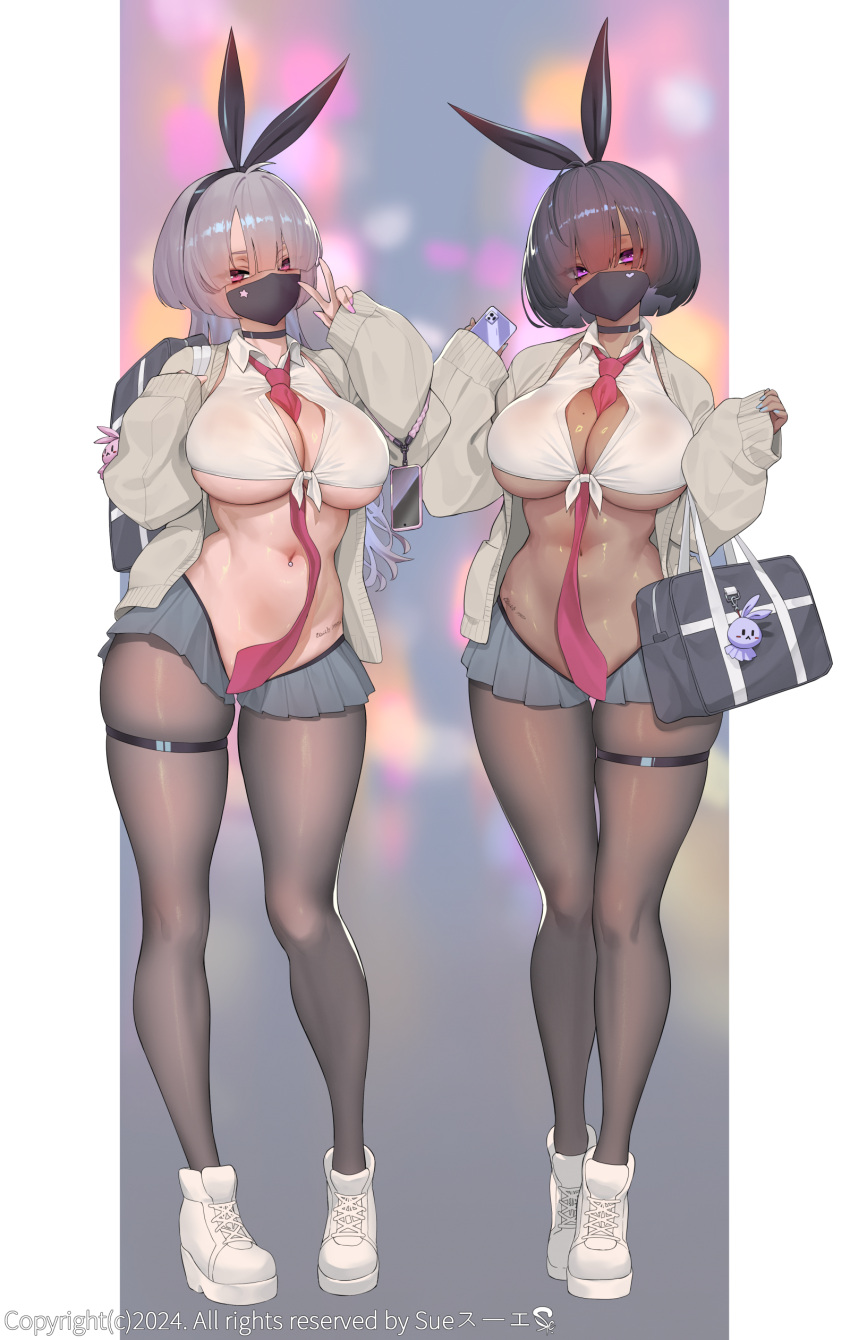 2girls absurdres ahoge bag bag_charm between_breasts black_choker black_hair black_mask blue_nails blurry blurry_background bob_cut breasts cardigan cellphone charm_(object) choker cleavage cropped_shirt crotchless crotchless_pantyhose dark-skinned_female dark_skin grey_hair grey_skirt gyaru hair_between_eyes high_tops highres hip_tattoo holding holding_bag holding_phone kogal large_breasts legs long_hair looking_at_viewer mask microskirt mole mole_on_breast mouth_mask multiple_girls nail_polish navel navel_piercing necktie necktie_between_breasts original pantyhose phone piercing pillarboxed pink_eyes pink_nails pleated_skirt purple_eyes red_necktie shirt shoes short_hair skirt sleeves_past_wrists smartphone sneakers stomach suerte text_tattoo thigh_gap thigh_strap thighs tied_shirt underboob v white_cardigan white_footwear white_shirt