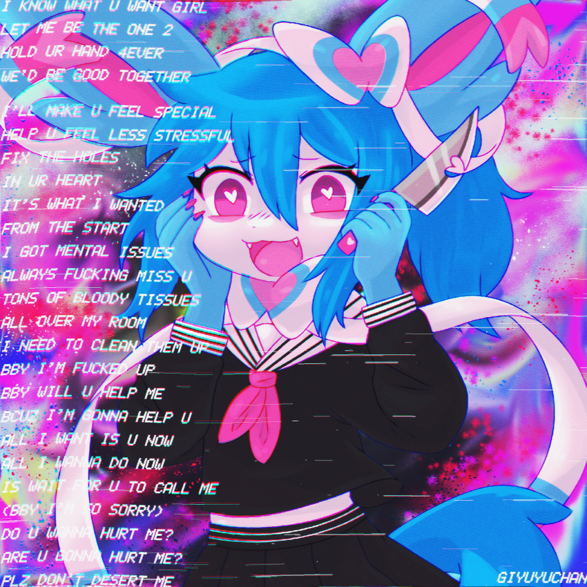 1:1 2024 abstract_background anthro anthrofied asian_clothing black_bottomwear black_clothing black_shirt black_skirt black_topwear blue_body blue_ears blue_fur blue_hair blue_tail bottomwear bow_(feature) clothed clothing colored colored_nails cute_fangs ear_bow east_asian_clothing eeveelution english_text epitome_(giyuyuchan) eye_bags eyelashes female female_anthro fingers front_view fully_clothed fur generation_6_pokemon giyuyuchan hair half-length_portrait heart_pupils heart_symbol hi_res holding_knife holding_object humanoid_hands japanese_clothing japanese_school_uniform kemono kerchief knife looking_at_viewer lyrics mammal monotone_hair monotone_tail multicolored_body multicolored_fur nails neckerchief nintendo open_mouth open_smile pink_eyes pink_inner_ear pink_nails pink_tongue pokemon pokemon_(species) pokemorph ponytail portrait pupils rebzyyx ribbons school_uniform serafuku shaded shiny_pokemon shirt signature skirt smile solo standing sylveon tail text tongue topwear two_tone_body two_tone_fur uniform white_body white_fur white_pupils yandere