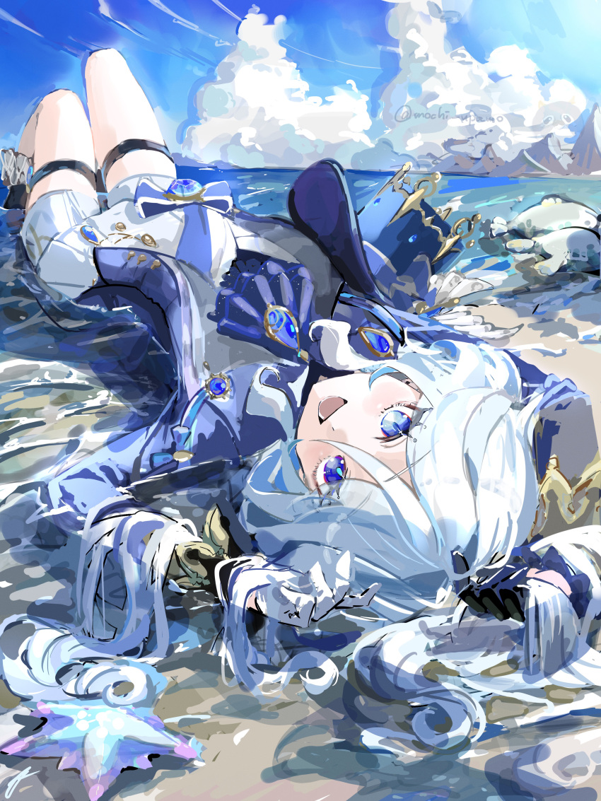 absurdres ascot beach blubberbeast_(genshin_impact) blue_eyes blue_hair breasts brooch female furina_(genshin_impact) genshin_impact hat highres jacket jewelry light_blue_hair long_hair looking_at_viewer lumitoile_(genshin_impact) lying mochi_upamo on_back open_mouth seal_(animal) shore shorts small_breasts smile solo starfish thighs top_hat unworn_hat unworn_headwear vision_(genshin_impact) white_hair