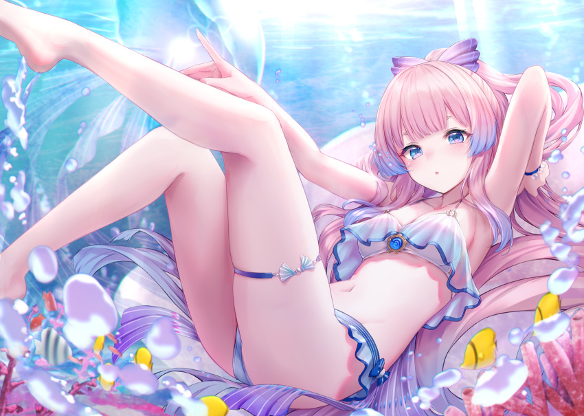 arm_up barefoot beads bikini blue_gemstone blush breasts bubble butterflyfish cleavage colored_tips commentary_request coral feet female fish foot_out_of_frame frilled_bikini frills gem genshin_impact gradient_hair highres kachayori legs legs_up long_hair looking_at_viewer lying multicolored_hair navel o-ring o-ring_bikini on_back parted_lips pink_hair ponytail sangonomiya_kokomi sidelocks small_breasts solo stomach swimsuit thigh_strap tropical_fish underwater water white_bikini wristband