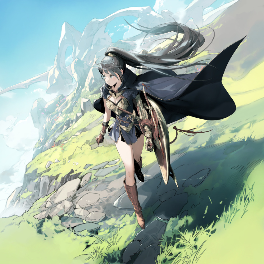 absurdres armor blue_sky boots breasts brown_footwear brown_gloves cape cleavage closed_mouth cloud cloudy_sky collar day female gloves grass green_eyes grey_hair hair_ornament high_ponytail highres hirooka_masaki landscape light long_hair looking_away looking_to_the_side original outdoors ponytail scenery sheath sheathed shield single_sleeve sky solo sunlight very_long_hair walking weapon wide_shot