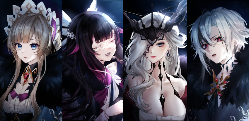 4girls :d arlecchino_(genshin_impact) bare_shoulders between_breasts black_eyes black_hair blonde_hair blue_eyes breasts brooch cleavage closed_eyes closed_mouth coat collarbone columbina_(genshin_impact) eye_mask fur-trimmed_coat fur_trim gem genshin_impact hair_between_eyes hair_flaps hair_over_one_eye hair_over_shoulder head_tilt head_wings headdress highres jewelry kity1211_tetsu lace-trimmed_eyepatch large_breasts lips looking_at_viewer mask mask_on_head multicolored_hair multiple_girls parted_lips red_gemstone red_hair red_pupils sandrone_(genshin_impact) short_hair short_hair_with_long_locks signora_(genshin_impact) smile symbol-shaped_pupils two-tone_hair upper_body white_hair wings x-shaped_pupils