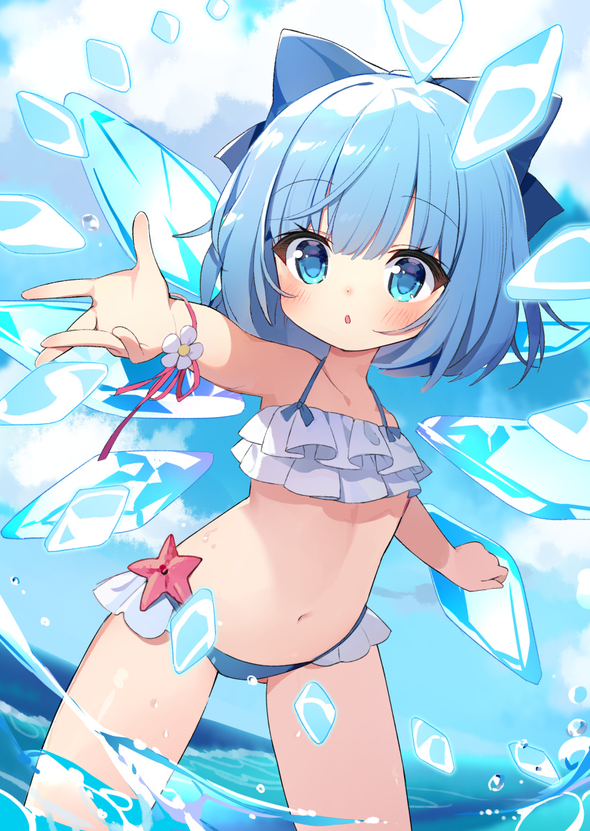 :o absurdres ass_visible_through_thighs bare_arms bare_shoulders bikini blue_bikini blue_bow blue_eyes blue_hair blue_wings bow chinese_commentary cirno commentary_request cryokinesis cy6n day female flower frilled_bikini frills hairbow highres ice ice_wings legs_apart looking_at_viewer medium_hair mixed-language_commentary navel ocean outdoors outstretched_arm second-party_source solo standing stomach summer swimsuit touhou wading white_bikini white_flower wings