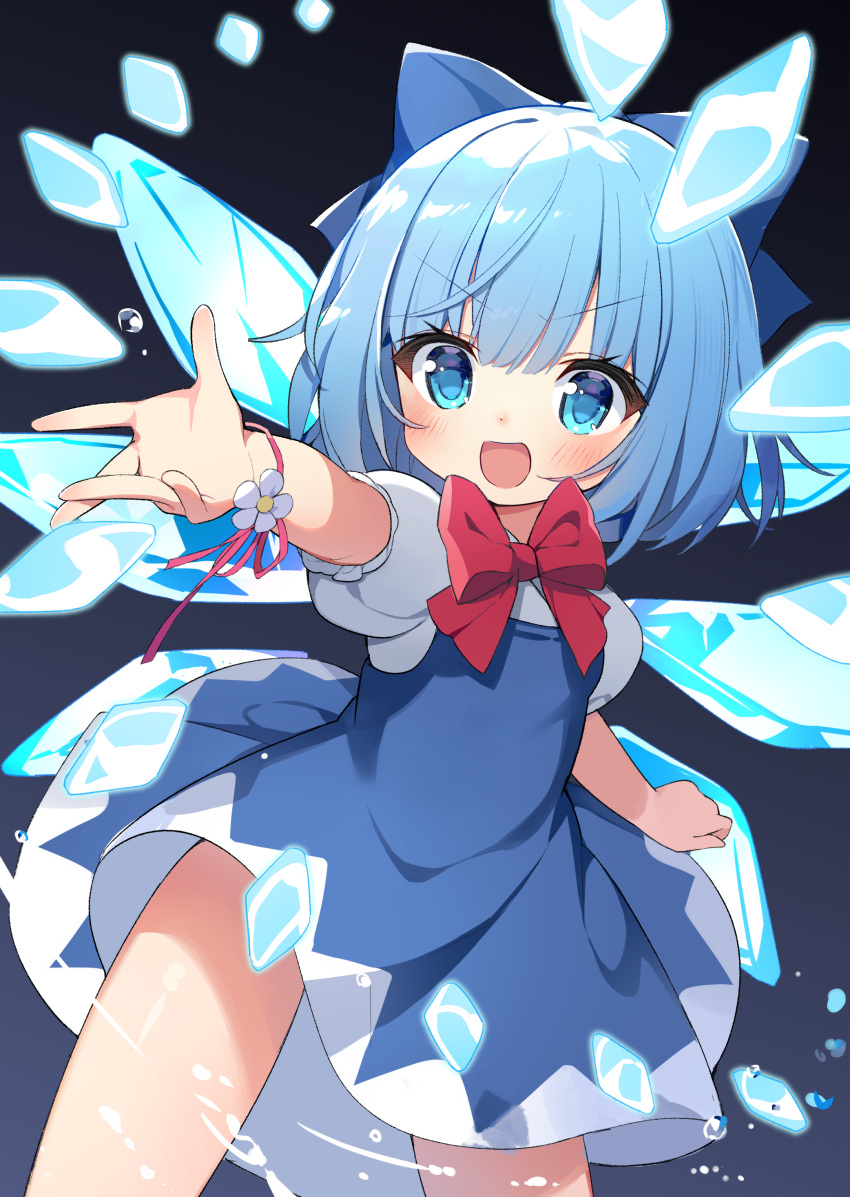 absurdres blue_bow blue_dress blue_eyes blue_hair blue_wings bow breasts chinese_commentary cirno commentary_request cryokinesis cy6n dress female flower hairbow highres ice ice_wings legs_apart looking_at_viewer medium_hair mixed-language_commentary open_mouth outstretched_arm puffy_short_sleeves puffy_sleeves second-party_source shirt short_dress short_sleeves sleeveless sleeveless_dress small_breasts smile solo standing touhou white_flower white_shirt wings