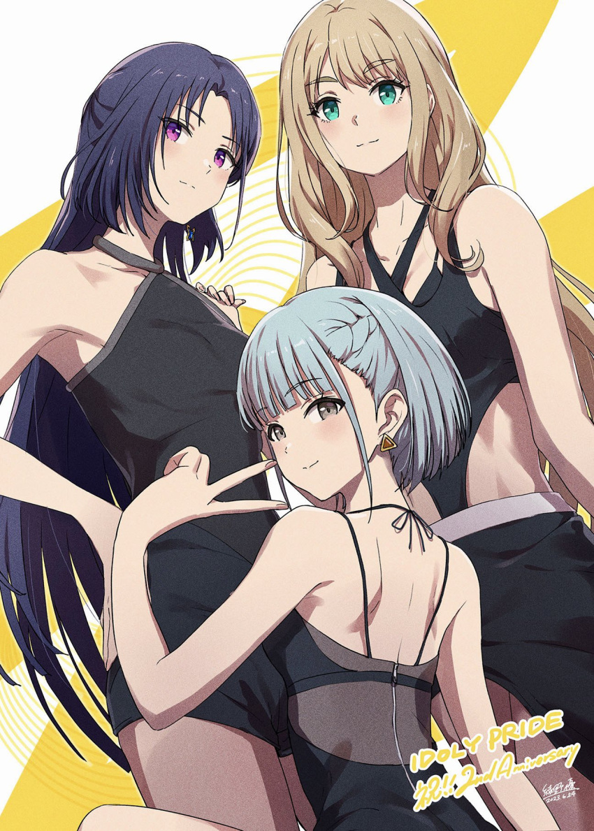 3girls anniversary armpit_peek ayano_yuu_(sonma_1426) bare_shoulders black_bra black_shirt black_shorts blue_eyes blush bob_cut bra braid brown_hair closed_mouth collarbone copyright_name criss-cross_halter dated dress earrings flat_chest fran_(idoly_pride) grey_hair hair_behind_ear halter_shirt halterneck highres idoly_pride iiix_(idoly_pride) jewelry kana_(idoly_pride) long_hair looking_at_viewer miho_(idoly_pride) multiple_girls parted_bangs purple_eyes purple_hair shirt short_hair shorts sidelocks signature simple_background sleeveless sleeveless_dress sleeveless_shirt smile two-tone_background underwear v very_long_hair white_background yellow_background zipper_dress