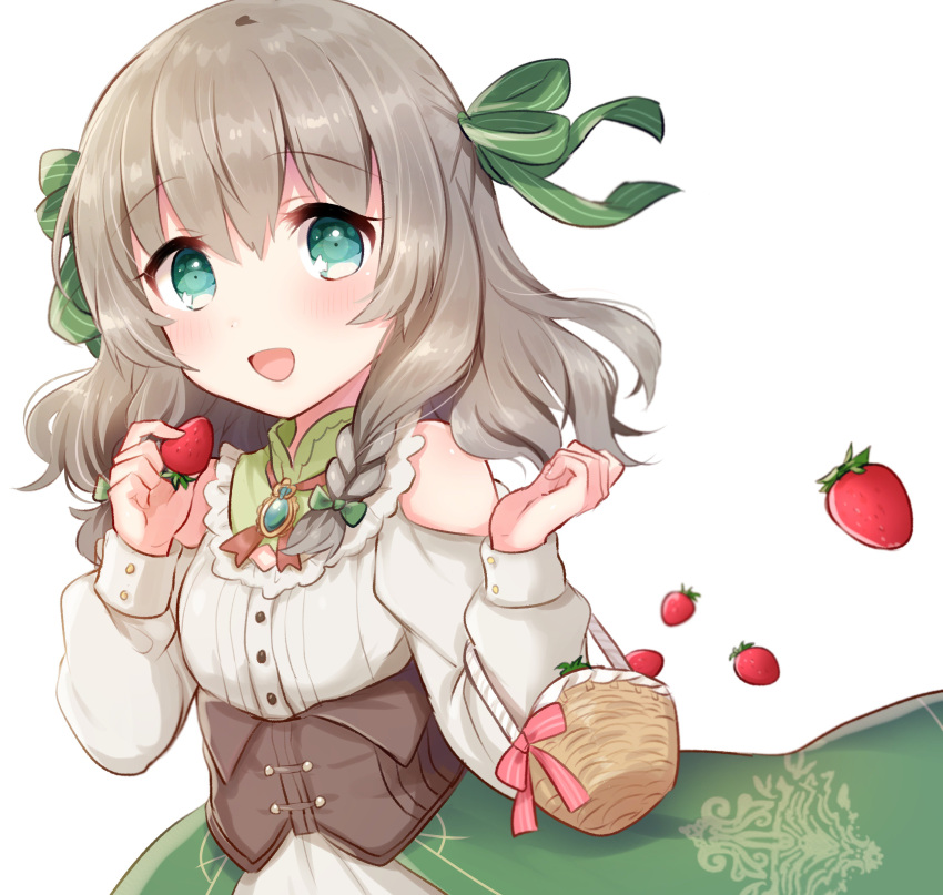 absurdres basket blue_eyes blush bow female food fruit green_eyes grey_hair highres hisui_sena i-live looking_at_viewer pale_skin picnic_basket ribbon smile solo strawberry umishima_rinta virtual_youtuber