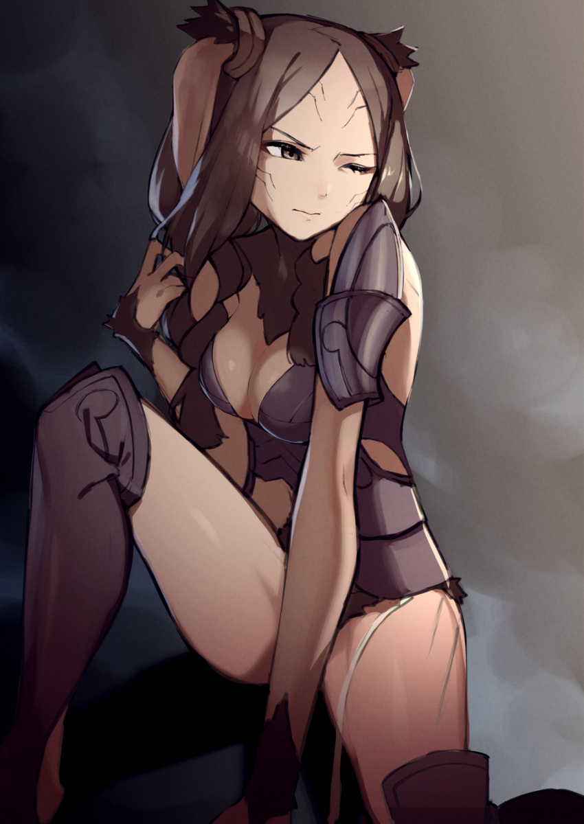 absurdres animal_ears armor breasts brown_eyes brown_fur brown_hair cleavage closed_mouth commission female fire_emblem fire_emblem_awakening hair_around_ear highres long_hair looking_to_the_side one_eye_closed panne_(fire_emblem) pixiv_commission rabbit_ears rabbit_girl rindoriko shoulder_armor solo taguel