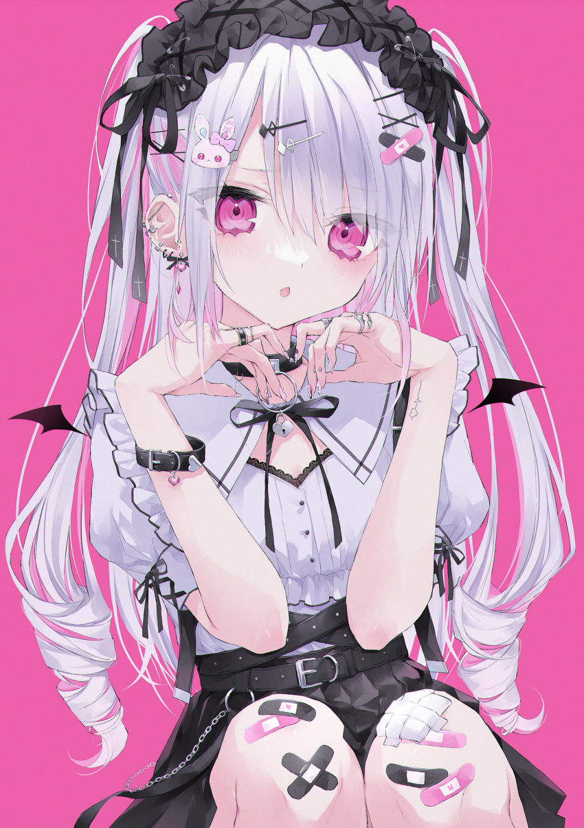 absurdres bad_id bad_pixiv_id bandaid bandaid_on_knee bandaid_on_leg black_skirt black_wings commentary_request crossed_bandaids detached_wings ear_piercing earrings female hair_between_eyes hair_ornament hairclip hands_up highres hoju_rura indie_virtual_youtuber jewelry jirai_kei long_hair looking_at_viewer mashiro_shiki mini_wings multicolored_hair nail_art nail_polish parted_lips piercing pink_background pink_hair pink_nails pleated_skirt puffy_short_sleeves puffy_sleeves purple_eyes rabbit_hair_ornament ring ringlets shirt short_sleeves simple_background skirt solo streaked_hair two_side_up very_long_hair virtual_youtuber white_hair white_shirt wings yami_kawaii